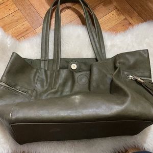 Army green faux leather tote with pouch